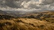 © Pro Clipart - Dramatic digital painting of a wild grassy moorland landscape under cloudy moody skies perfect for historical fiction backgrounds fantasy concept art or rugged nature designs.