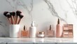 © Raisa - Makeup brushes, cosmetic products like perfume bottles moisturizers, palettes neatly arranged on marble surface. Scene soft lighting, clean elegant aesthetic. Shot suits beauty blogs brand promotions.