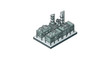 © Re - Industrial factory building with multiple smokestacks and complex piping systems.