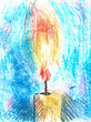 © elenaseiryk - Candle on blue background. Hand drawn picture with oil pastels in diatypy imprint technique