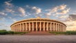 © 69 - Wide Angle View of Indian Parliament House During Golden Hour with Dramatic Sky and Clouds