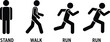 © Itz Arman  - Human movement stages icon set showing standing walking and running sequence, minimalist silhouette figures illustrating motion, fitness progression and activity concept