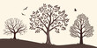 © Icon Set - Silhouette illustration of three deciduous trees in various stages of foliage growth on a rolling hill with flying birds in the sky silhouette landscape illustration