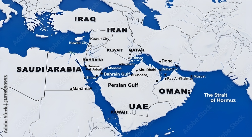 Detailed political map of the Persian Gulf region showing countries ...