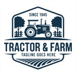 © Ratna - Classic vintage tractor and farm logo illustration featuring trees, a fence, and plowed fields
