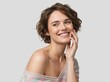 © Vasiliy - Smiling woman with short wavy brown hair looking away. Portrait of female model in off the shoulder sweater. Natural beauty and lifestyle concept