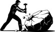© Sama - Motivational perseverance concept vector illustration, man breaking stone with hammer, success through hard work, determination, persistence, and effort in achieving goals, silhouette design