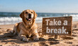 © Oleksandr - Golden Retriever dog, relaxed, happy, and content, enjoying leisure time on a sandy beach by the ocean, with a wooden sign for a perfect break