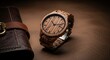 © Mr. Designer - Elegant wooden watch with leather accessory on brown surface