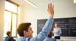 © kinomaster - A student in a classroom raising his hand to participate, showing enthusiasm for learning with sunlight illuminating the scene. Generative AI. Early Life Education