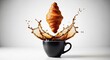 © methinee - A buttery golden croissant hangs in midair over a black cup with expressive coffee splashes creating a surreal and whimsical atmosphere, floating, levitating, caffeine