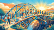 © Grizzly Bearz - Diverse people crossing a vibrant multi-functional bridge symbolizing progress innovation and interconnectedness across professions and generations under a hopeful sunlit sky.