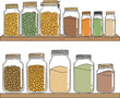 © Aura Visuals - Glass jars filled with seeds and spices on wooden shelf, colorful contents isolated on a transparent background, hand drawn style illustration.