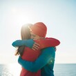 © Alpha - A heartwarming moment of a joyful embrace under bright sunlight, capturing pure happiness, deep affection, and a strong emotional connection, emotion, morning, blurred background