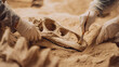 © Lemonkey - Close up of paleontologists carefully excavating a dinosaur fossil, revealing ancient bones with precision tools in a dusty fieldwork site.