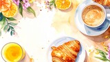 Watercolor breakfast table with croissant, coffee, and orange juice