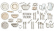 © Mst RAFIYA - Hand drawn dishware sticker collection with plates bowls cups and cutlery in doodle vector style