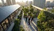 © Nana - Business professionals collaborating in a modern eco-friendly rooftop garden with solar panels and city skyline view.