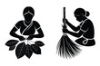© Sadek - Women preparing traditional leaves and crafting natural fiber brooms vector