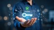 © Sukon - Secure login and digital identity protection are represented by a hand presenting a virtual passkey icon with a shield, showcasing future cyber security.