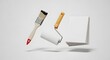 © Designer - Minimalist home renovation tools, floating paint brush and roller with blank paper stack, professional interior decorating equipment on white background