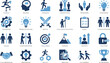 © AKTAR - Business Challenge and Success Icon Set Featuring Competition, Teamwork, Problem Solving, Growth, Achievement, Strategy, Innovation, and Leadership Concepts