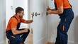 © NaesyaStudio - Skilled technicians diligently installing and repairing a door lock and handle, providing professional home maintenance and security solutions for residential properties