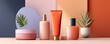 © Georgii - Minimal beauty product display on pastel podium with skincare bottles and modern styling