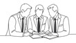 © Design Gallary - Three faceless business professionals in suits reviewing an open book or document together at a desk.