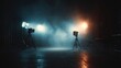 © Nasreen - Studio spotlight setup for film production background with blurred led lights and atmospheric smoke in dark room, cinematic lighting equipment scene for photography, videography and creative studio ba