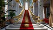 © savittree - Elegant Grand Staircase with Red Carpet in Magnificent Marble Atrium Surrounded by Lush Greenery and Opulent Decor