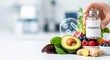 © Kristina - Woman holding bottle of probiotic supplement with fresh food. Microbiome health concept with healthy eating and digestion support. Natural nutrition and medical wellness technology design.