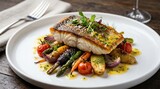Pan-seared fish fillet with roasted vegetables on a white plate  