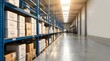© A5 - Large industrial warehouse interior featuring blue metal shelving racks filled with labeled cardboard boxes, polished concrete floor, and natural sunlight through ceiling skylights.