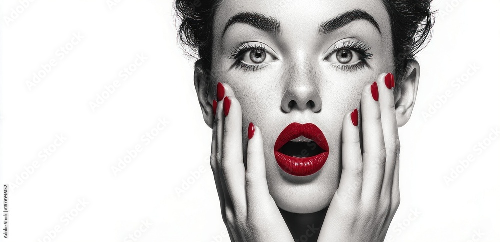 Dramatic black and white portrait of a woman with bright red lips and ...