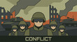 © Texturify - Vector illustration of a military conflict with soldiers, tanks, and ruins
