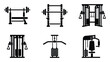 © Maestro - Highquality fitness gym equipment icons collection representing strength training exercises and workout machines suitable for health applications and sports club promotions.