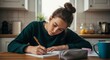 © kinomaster - A focused young woman writes in her notebook at a kitchen table, demonstrating concentration and study. Online homeschooling, homework at home. Generative AI.