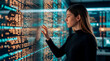 © Rendara Studio - Data analyst woman interacting with digital information wall in technology control room
