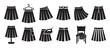 © Mr. Stocker - Collection of various pleated skirt icons in black silhouette, depicting different styles and accessories, presented in a clean graphic design