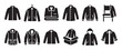 © Mr. Stocker - Collection of various black jacket and coat icons, showcasing different styles and presentations in a simple, graphic illustration