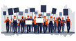 © Indah - A diverse group of construction workers and manual laborers unite in a determined street protest, advocating for improved labor rights and fair conditions through collective solidarity