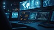© sevector - Cyber security professional overseeing multiple digital monitors in a dark control room, analyzing world maps, radar displays, and data for real time surveillance and mission critical operations