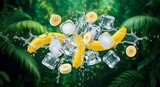 Buah pisang segar dan es batu berjatuhan dengan percikan air di depan latar belakang daun tropis