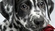 © Alexander LW - Black and white Dalmatian puppy looking at camera with red rose in mouth, isolated on white background.