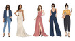 © rasel - Diverse collection of women showcasing different fashion styles ranging from casual denim and blazers to elegant evening gowns and jumpsuits.