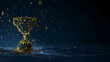 © luck - A golden geometric trophy represents achievement and success, adorned with sparkling lights and a digital network on a dark, abstract surface.