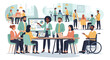 © Habi - Diverse group of professionals collaborating in a modern office setting, with some individuals in wheelchairs, emphasizing inclusivity and teamwork.