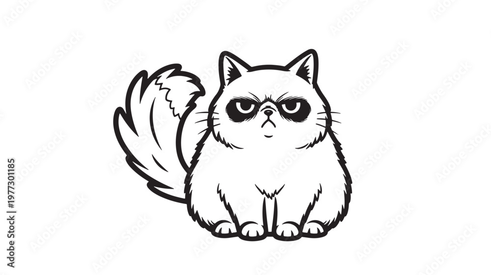 Cat with a grumpy expression and fluffy tail in a bold black outline ...
