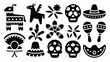 © Tuli - Mexican themed silhouette icon set featuring skulls maracas sombreros cactus and festive patterns in a minimalist style